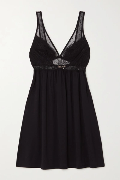 Shop Eberjey Love Me Stretch-modal, Lace And Point D'esprit Tulle Chemise In Black
