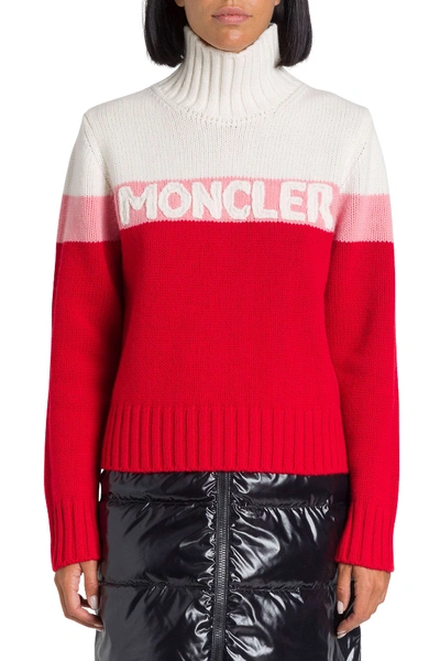 Shop Moncler Turtleneck Sweater With Logo Intarsia In Rosso