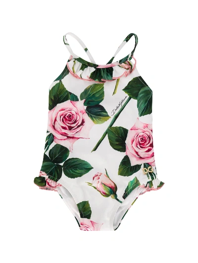 Shop Dolce & Gabbana White One-piece Swimsuit In Panna/rosa