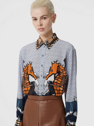 Shop Burberry Seahorse And Monogram Print Silk Shirt In Baby Blue