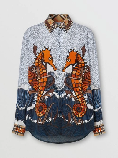 Shop Burberry Seahorse And Monogram Print Silk Shirt In Baby Blue