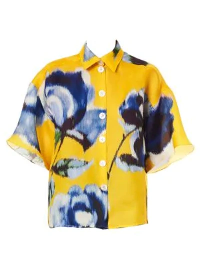 Shop Carolina Herrera Drop-shoulder Silk Floral Shirt In Taxi Cab Multi