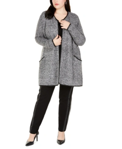 Shop Belldini Plus Size Cardigan With Faux-leather Trim In Grey Combo