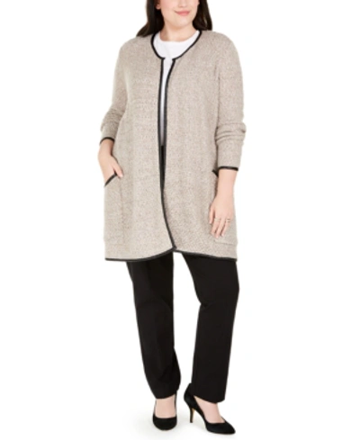 Shop Belldini Plus Size Cardigan With Faux-leather Trim In Truffle