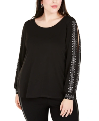 Shop Belldini Plus Size Rhinestone-trim Split-sleeve Top In Black/silver