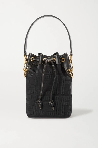 Shop Fendi Mon Trésor Mini Leather-trimmed Canvas Bucket Bag In Black