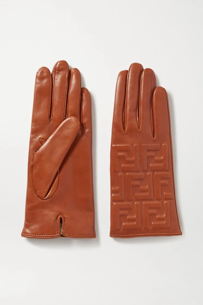 Shop Fendi Embossed Leather Gloves In Brass