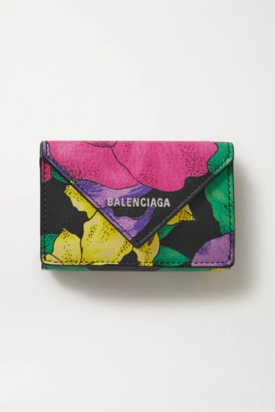 Shop Balenciaga Papier Floral-print Textured-leather Cardholder In Black