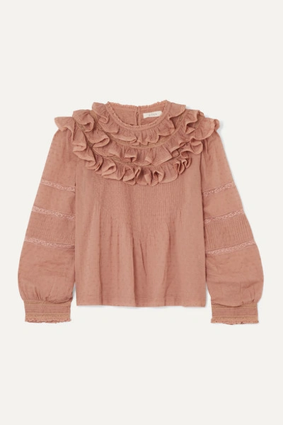 Shop Doen Atalia Ruffled Lace-trimmed Swiss-dot Cotton Blouse In Pink