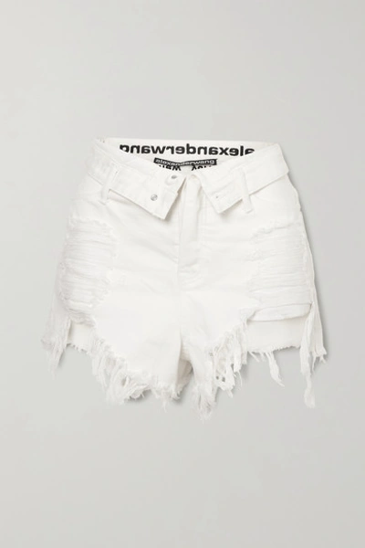Shop Alexander Wang Bite Flip Fold-over Embroidered Distressed Denim Shorts In White
