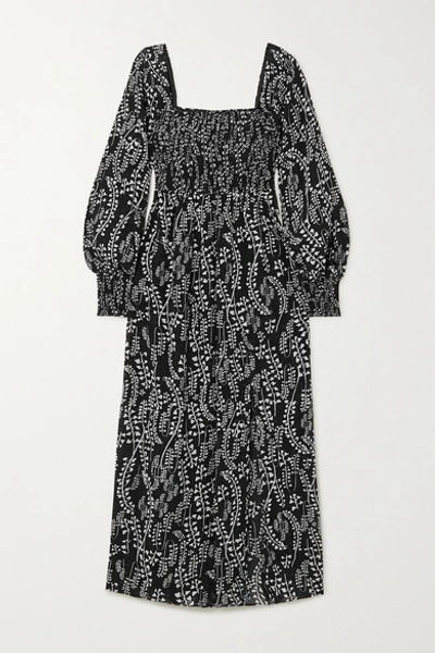 Shop Rixo London Marie Shirred Printed Voile Midi Dress In Black