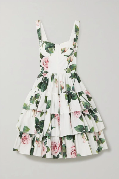 Shop Dolce & Gabbana Tiered Floral-print Cotton-poplin Dress In White