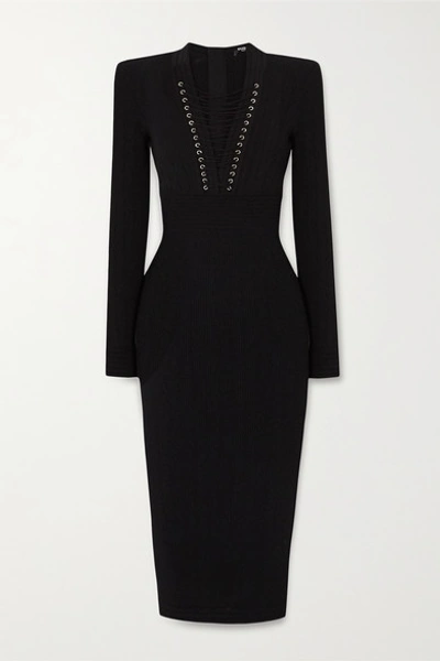 Shop Balmain Lace-up Ribbed-knit Midi Dress In Black