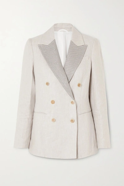 Shop Brunello Cucinelli Bead-embellished Double-breasted Linen Blazer In Ivory