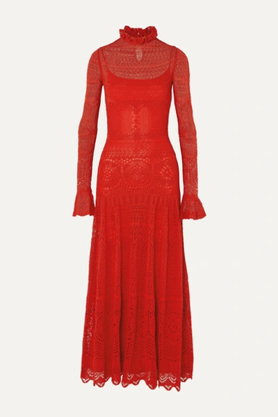 Shop Alexander Mcqueen Ruffled Crocheted Cotton-blend Lace Maxi Dress In Red