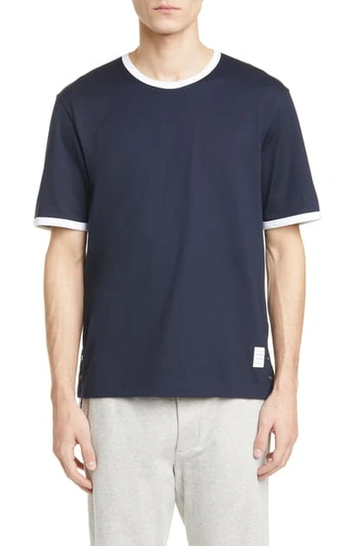 Shop Thom Browne Ringer Wool T-shirt In Navy