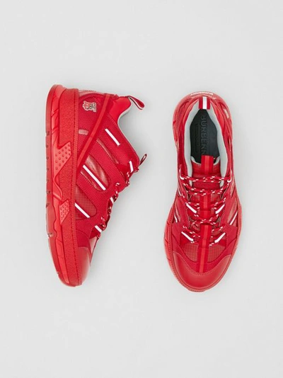 Shop Burberry Nylon And Leather Union Sneakers In Bright Red