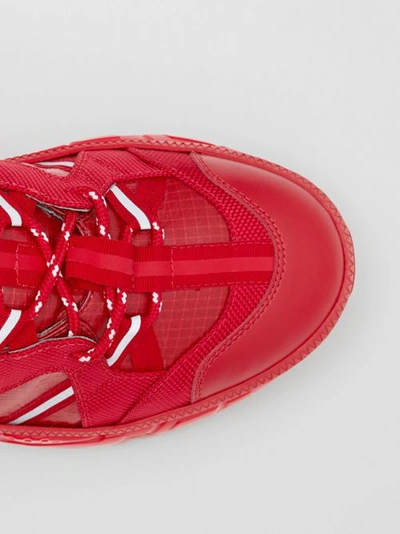Shop Burberry Nylon And Leather Union Sneakers In Bright Red