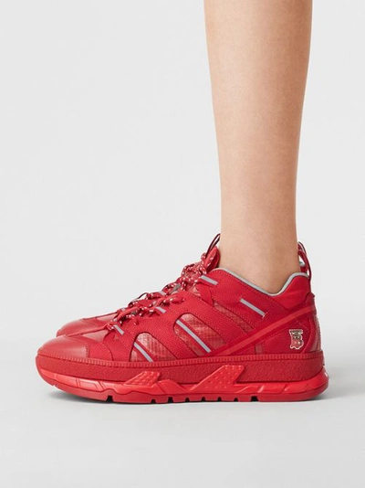 Shop Burberry Nylon And Leather Union Sneakers In Bright Red