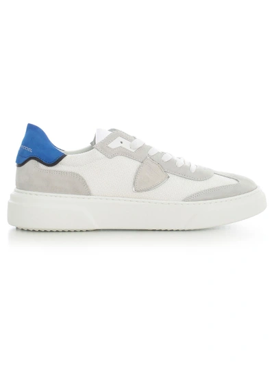 Shop Philippe Model Temple Sneakers White W/blue Heel In Reseau Mixage Blanc Bleu