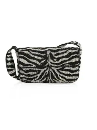 Shop Staud Women's Tommy Zebra-stripe Beaded Shoulder Bag In Black White