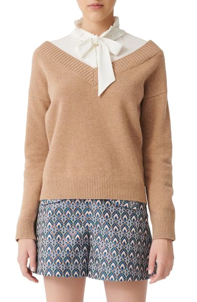 Shop Maje Mirelle Layered Shirt & Wool Blend Sweater Pullover In Camel