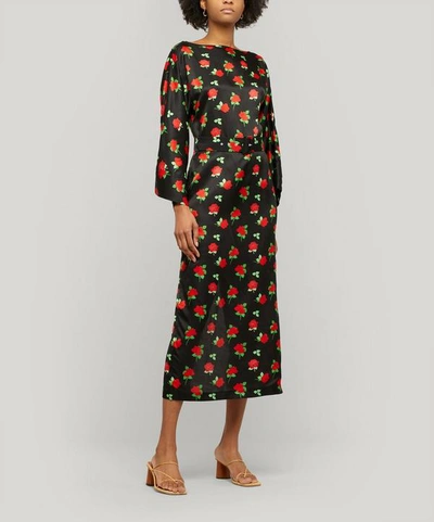 Shop Bernadette Jackie Rose-print Long-sleeve Satin Maxi Dress In Black