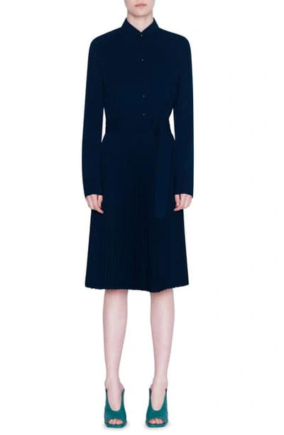 Shop Akris Punto Belted Pleated Long Sleeve Shirtdress In Night Sky