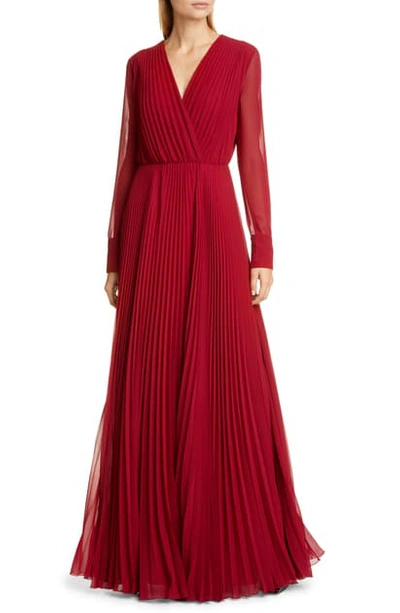 Shop Max Mara Genarca Pleated Long Sleeve Georgette Gown In Red