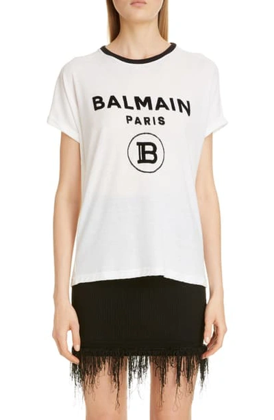Shop Balmain Flocked Logo Cotton Graphic Tee In Blanc/ Noir