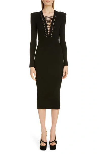 Shop Balmain Lace-up Long Sleeve Midi Sweater Dress In Noir