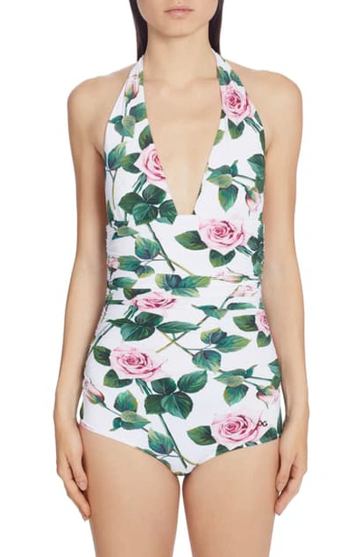 Shop Dolce & Gabbana Ruched Rose Print Halter One-piece Swimsuit In Ha96c White