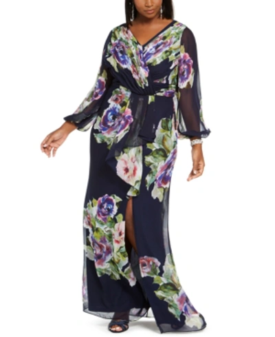 Shop Adrianna Papell Plus Size Floral Chiffon Gown In Navy Floral