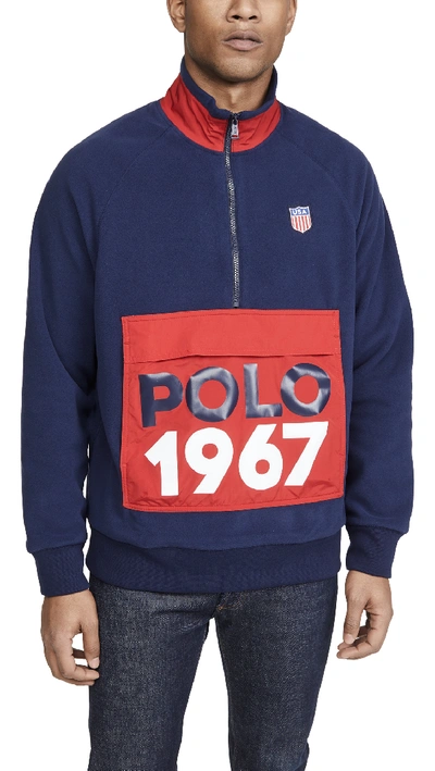 Shop Polo Ralph Lauren Quarter Zip Logo Sweatshirt In Navy