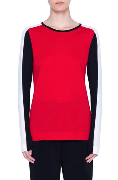 Shop Akris Punto Colorblock Stripe Merino Wool Sweater In Luminous Red/ Cream/ Black