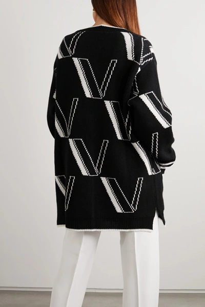 Shop Valentino Oversized Intarsia Wool And Cashmere-blend Cardigan In Black