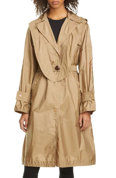 Shop Moncler Vanille Tie Hood Water Resistant Trench Coat In Tan