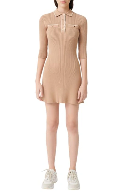 Shop Maje Knit Polo Minidress In Camel