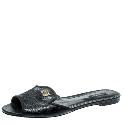 Pre-owned Dolce & Gabbana Black Lizard Leather Flat Slides Size 40.5