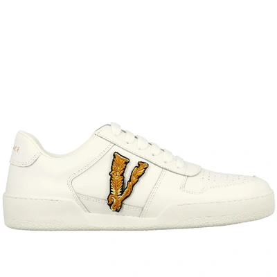 Shop Versace Leather Sneakers With V Monogram In White