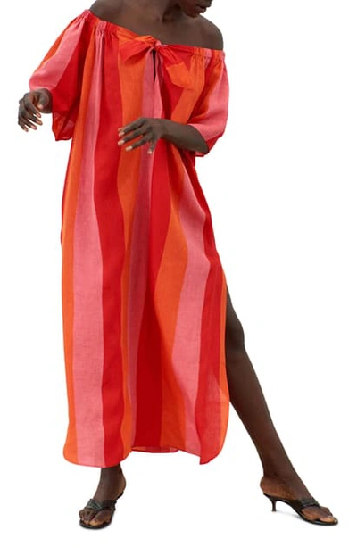Shop Mara Hoffman Kamala Off The Shoulder Linen Cover-up Maxi Dress In Red Multi