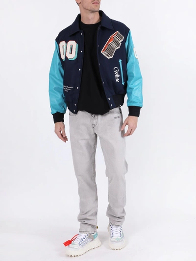 Shop Off-white Golden Ratio Leather Varsity Jacket Blue