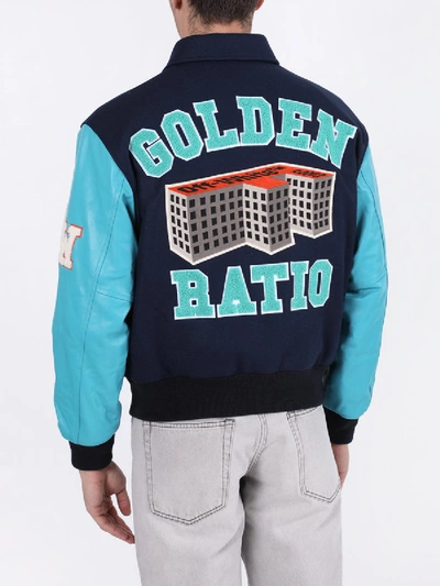 Shop Off-white Golden Ratio Leather Varsity Jacket Blue