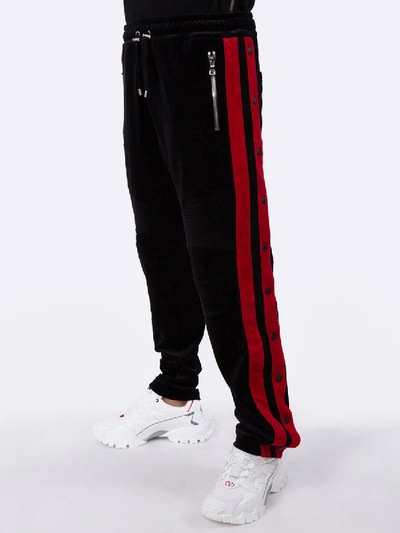 Shop Balmain Velvet And Red Side Panel Track Pants In Black