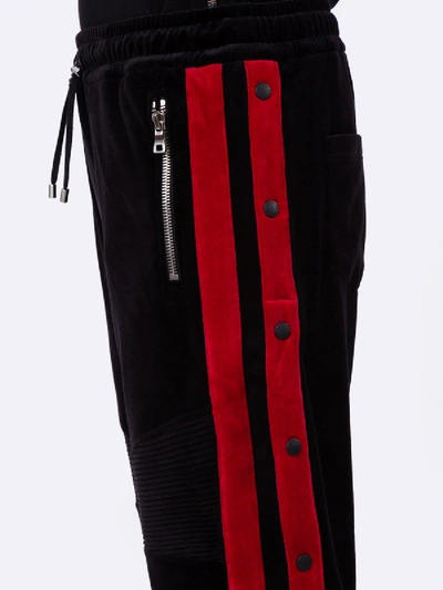 Shop Balmain Velvet And Red Side Panel Track Pants In Black