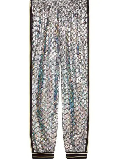 Shop Gucci Holographic Gg Jersey Pants In Silver