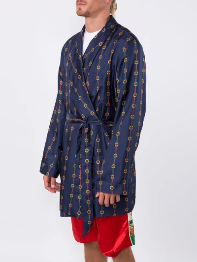 Shop Gucci Stirrups And Web Silk Robe Coat In Blue