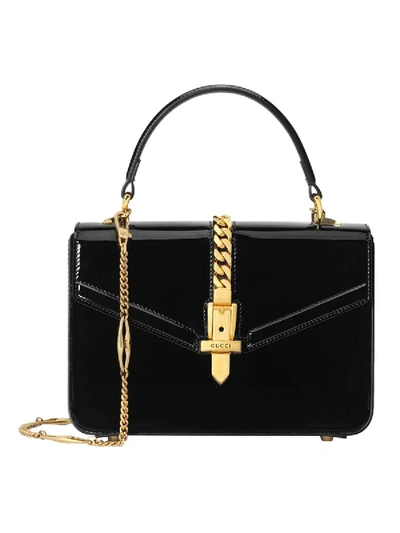 Shop Gucci Patent Leather Sylvie Bag In Black