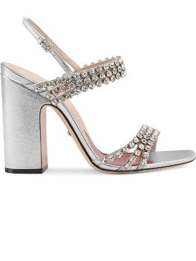 Shop Gucci Metallic Leather Sandal With Crystals In Silver