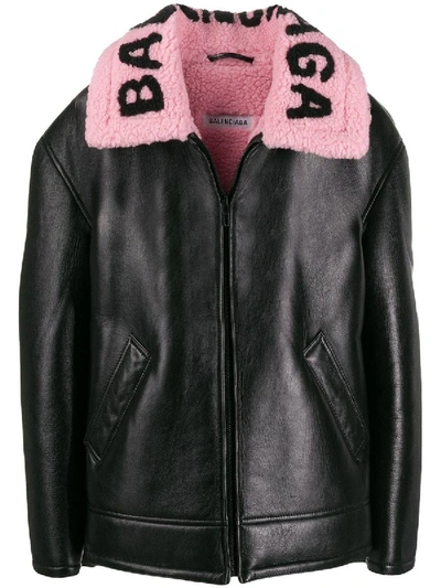 Shop Balenciaga Contrast Collar Leather Jacket In Black